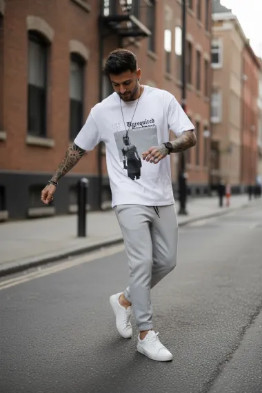 Tricou barbati alb, cu imprimeu, slim Y205 22A-5.1